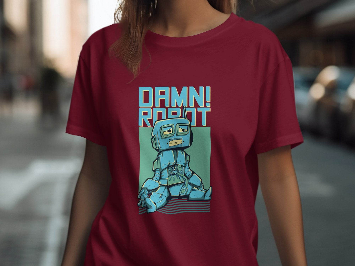 DAMN! Sad Robot Art With Greenish Backdrop Design T-Shirt - Design & Vybe