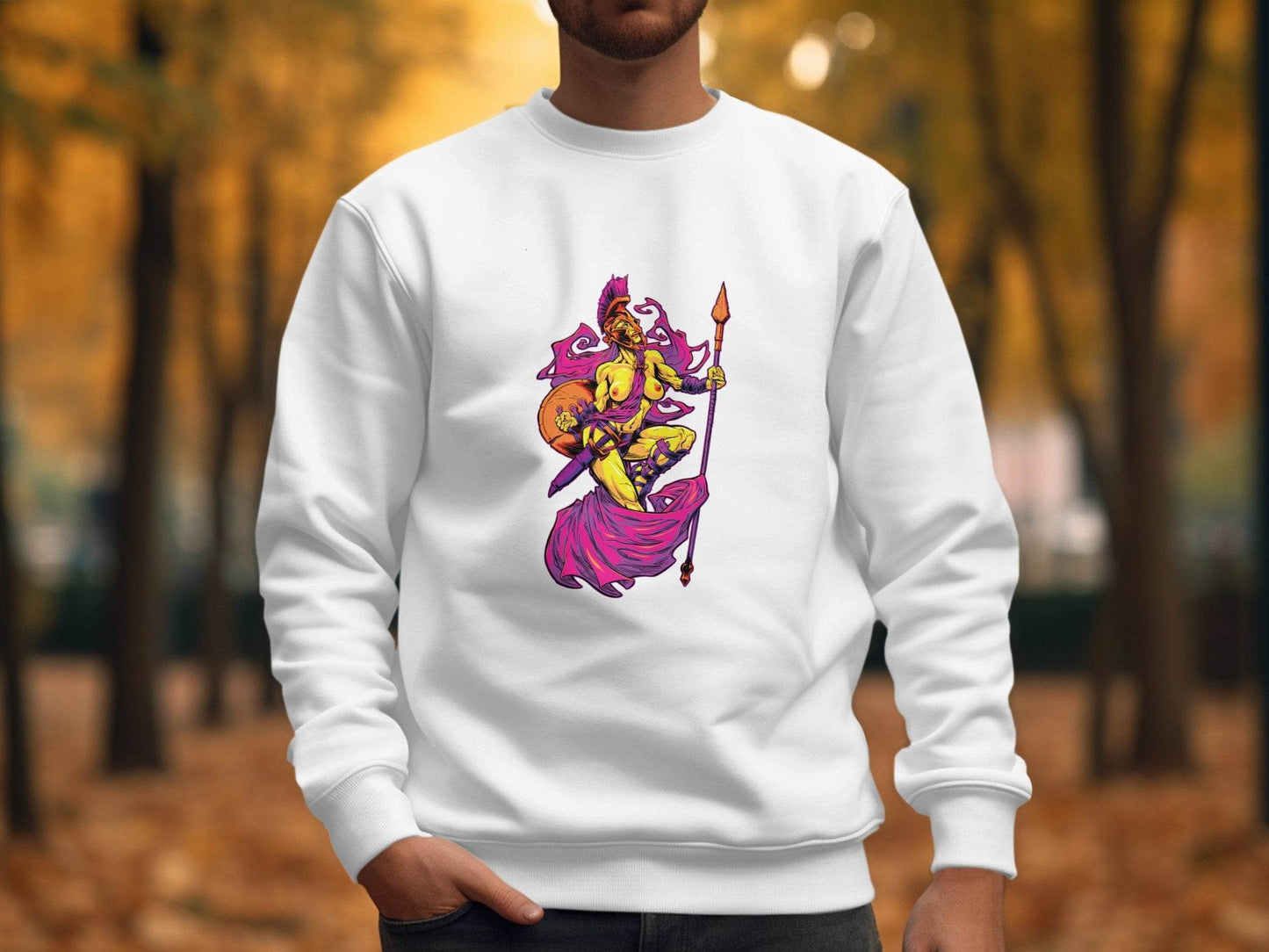 Striking Female Warrior with Spear Graphic Art Sweater - Design & Vybe