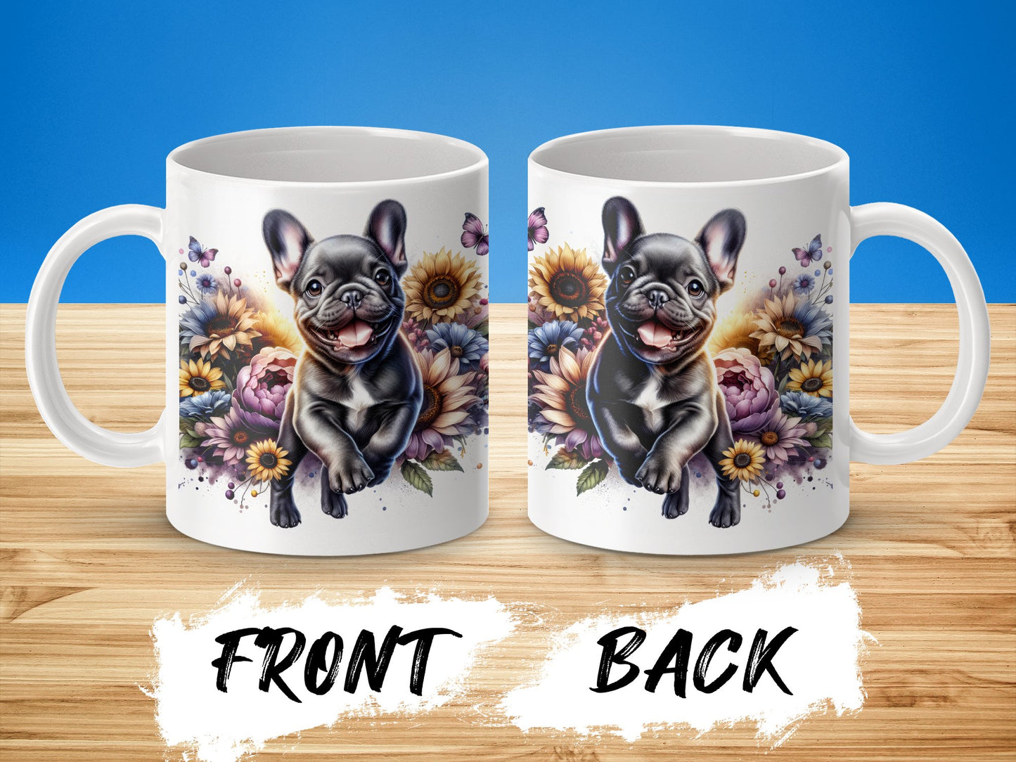 Cute French Bulldog Mug With Colorful Floral Design product type