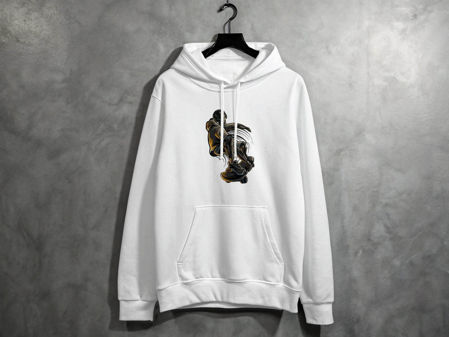 Futuristic Robot Skateboarding Graphic on Trendy Hoodie - Design & Vybe