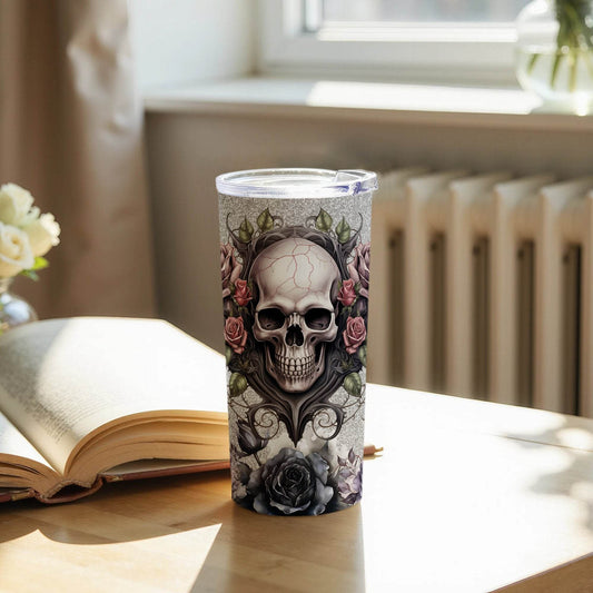 Skull Roses Floral Design on Silver Background Tumbler - Design & Vybe