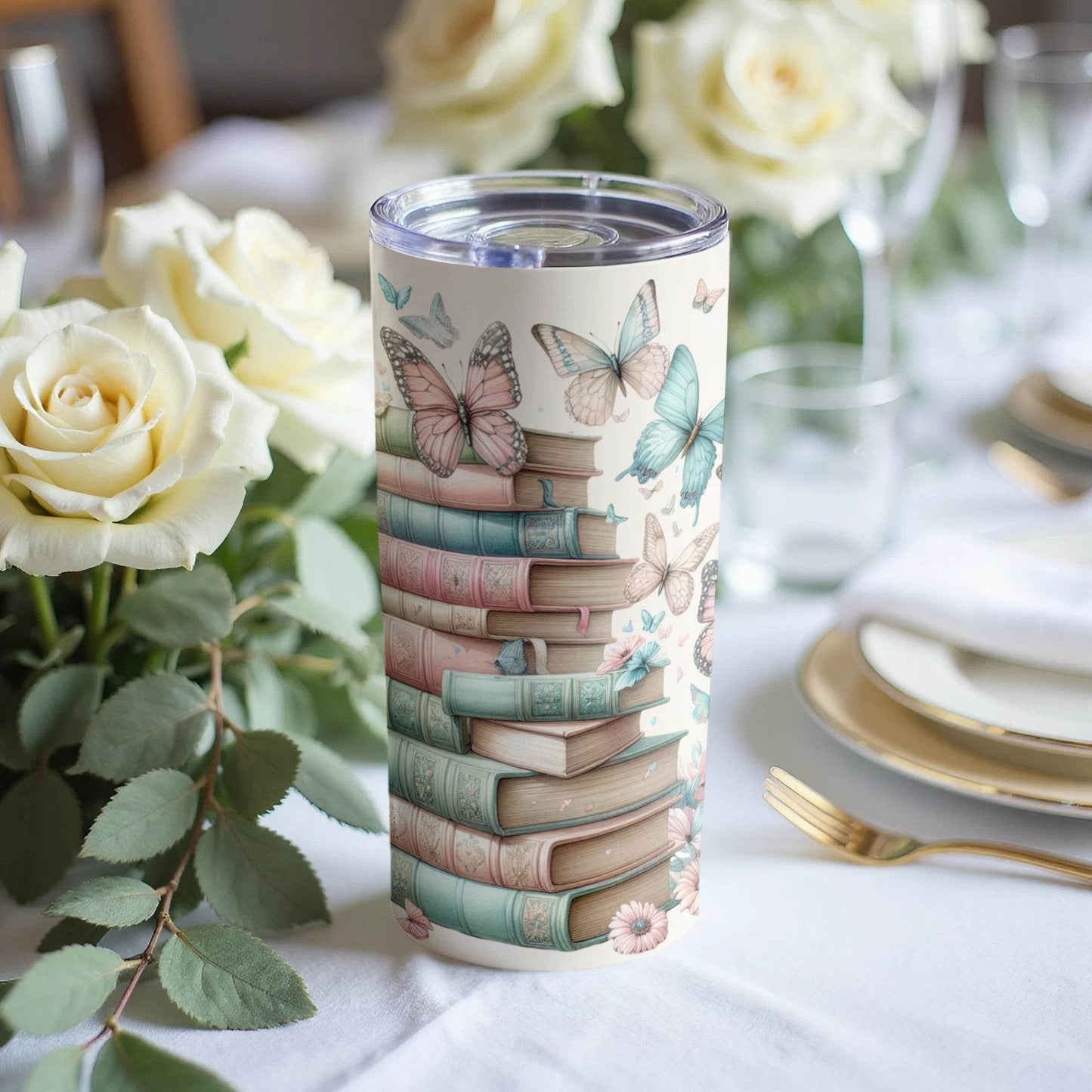 Elegant Butterflies On Stack Books Pastel Colors Style Tumbler - Design & Vybe