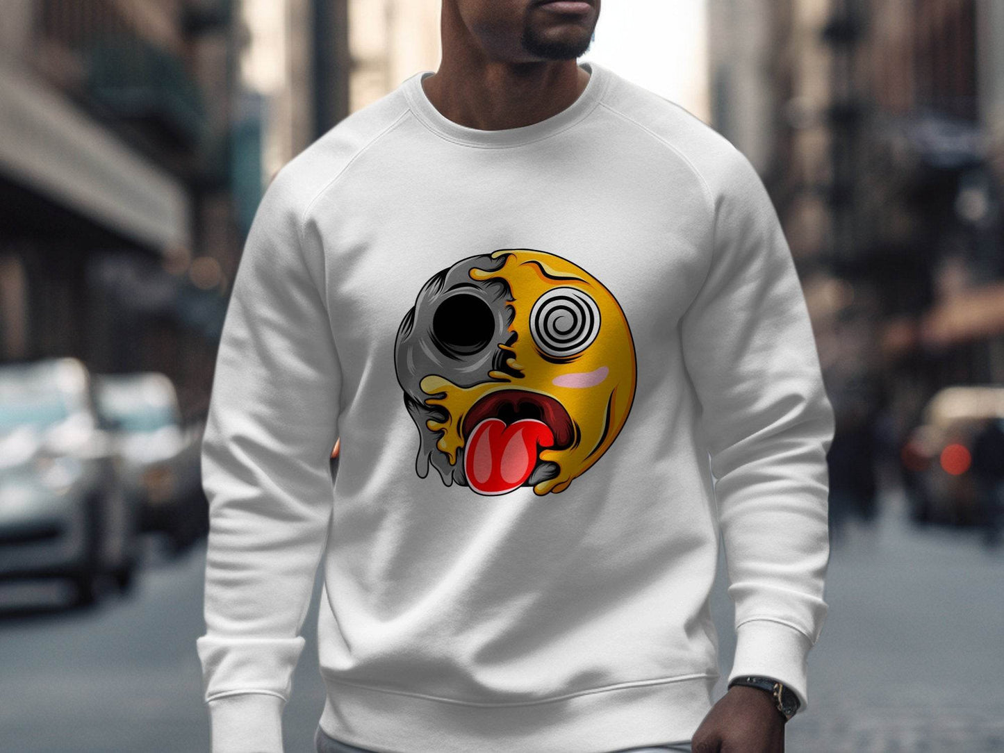 Melting Face with Swirling Eyes Smiley Graphic Sweater - Design & Vybe