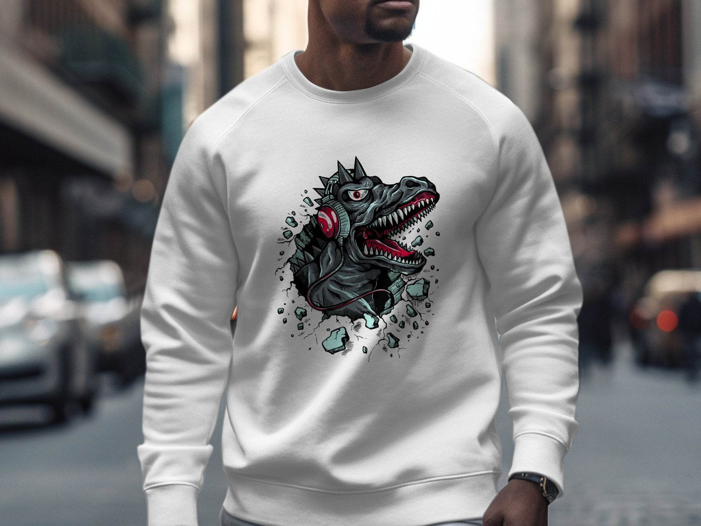 Fierce Dinosaur with Headphones Graphic Sweater - Design & Vybe