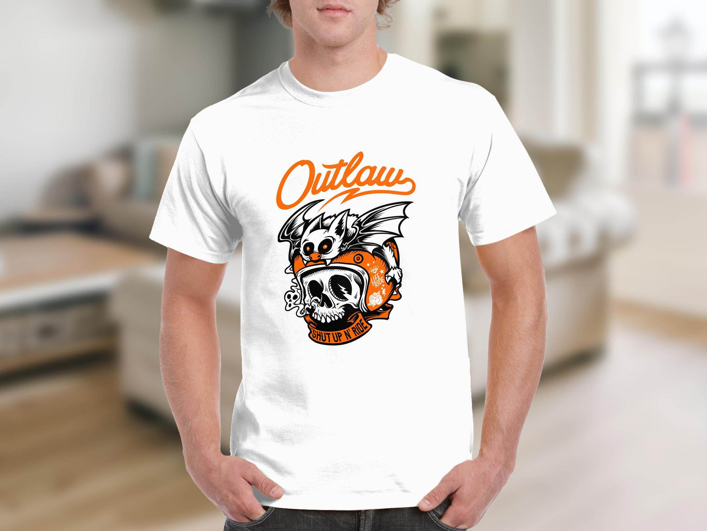 Bold Graphic Outlaw Bat Illustration on Skull T-Shirt - Design & Vybe