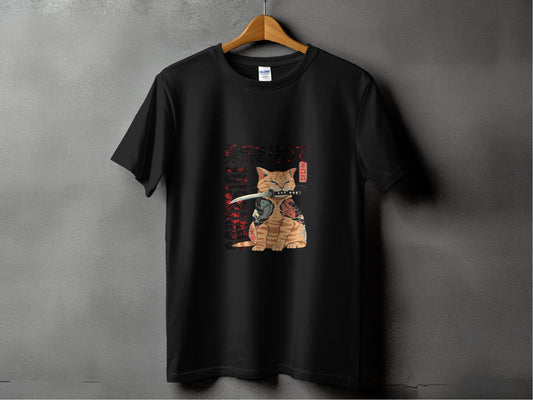 Tattooed Cat with Sword and Japanese Southside Text Design T-Shirt - Design & Vybe