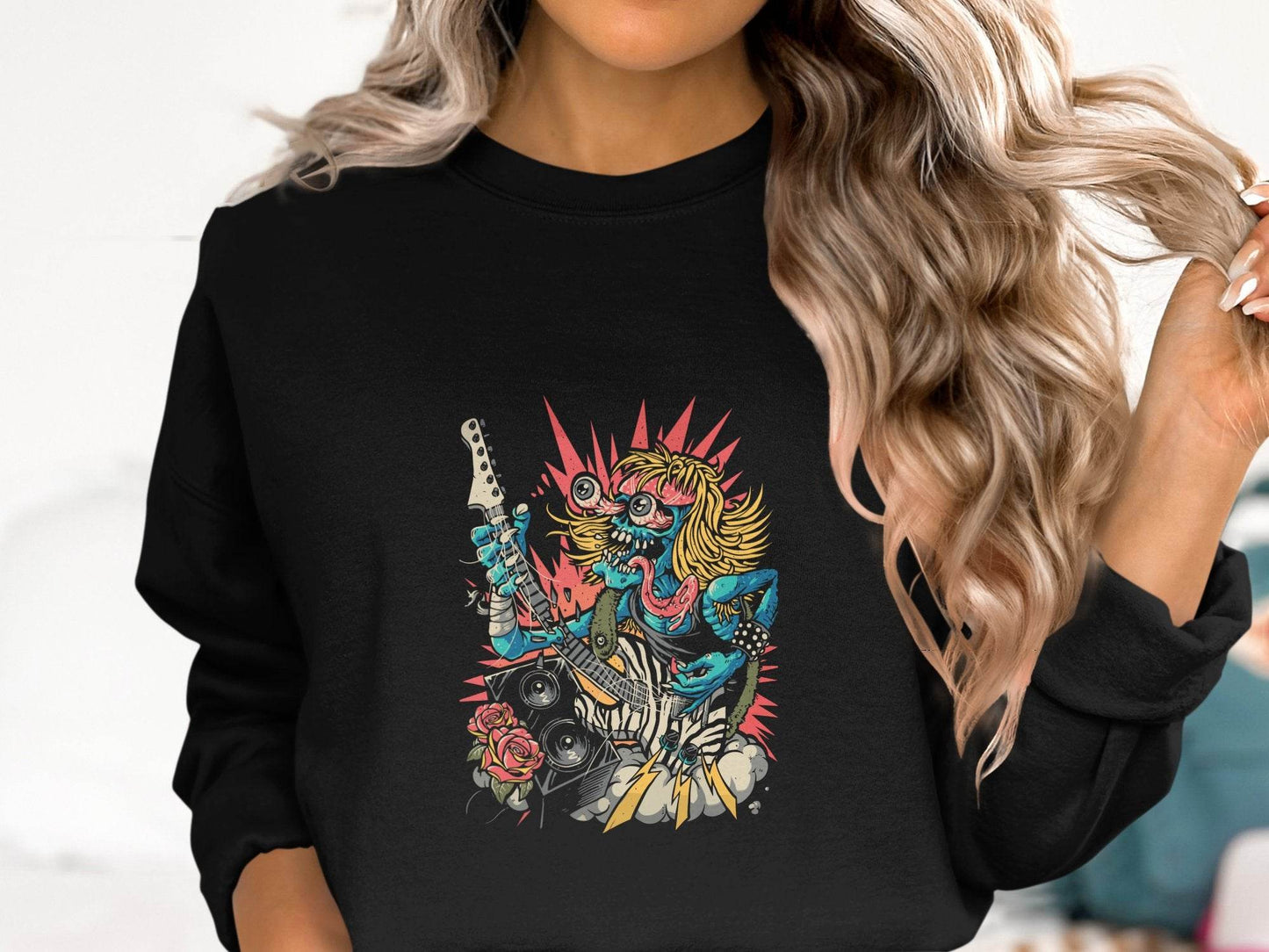 Rock and Roll Zombie Plays Guitar Artwork Sweater - Design & Vybe