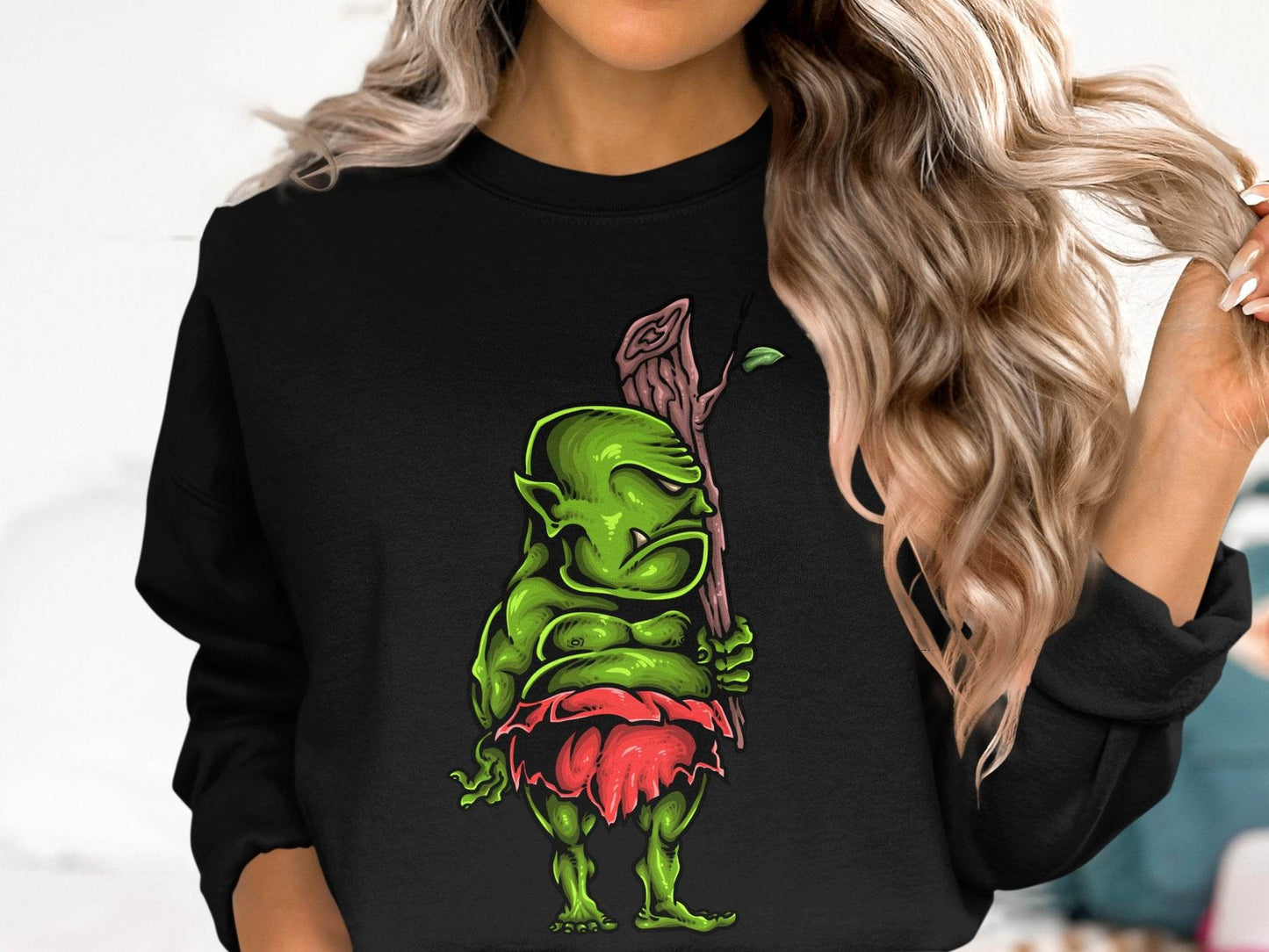Green Troll Graphic Sweater With Red Skirt And Bat - Design & Vybe
