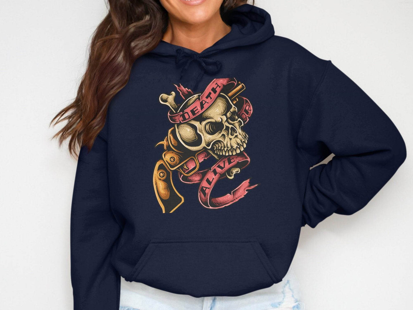 Vintage Death or Alive Skull and Gun Graphic Hoodie - Design & Vybe