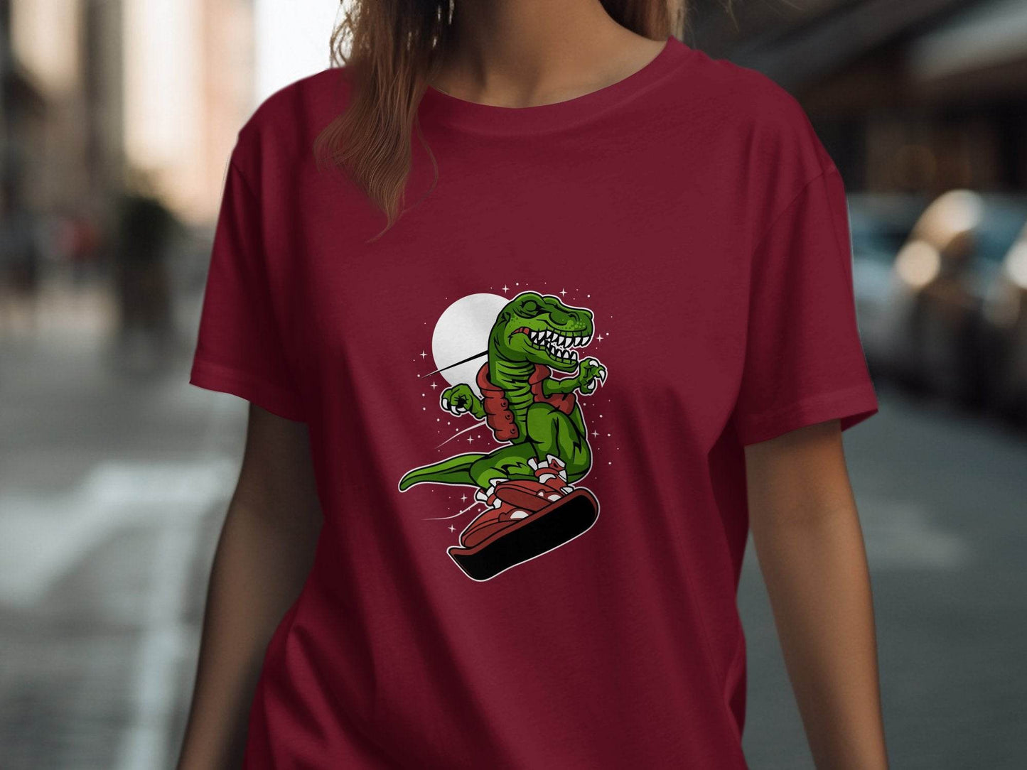Dinosaur On a Snowboard Cartoon Graphic Style T-Shirt - Design & Vybe