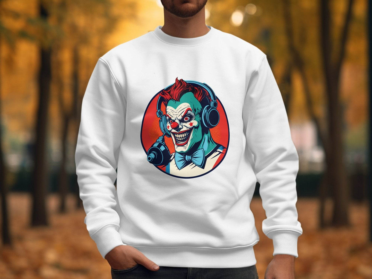 Evil Clown with Headphones Graphic Design Funny Sweater - Design & Vybe
