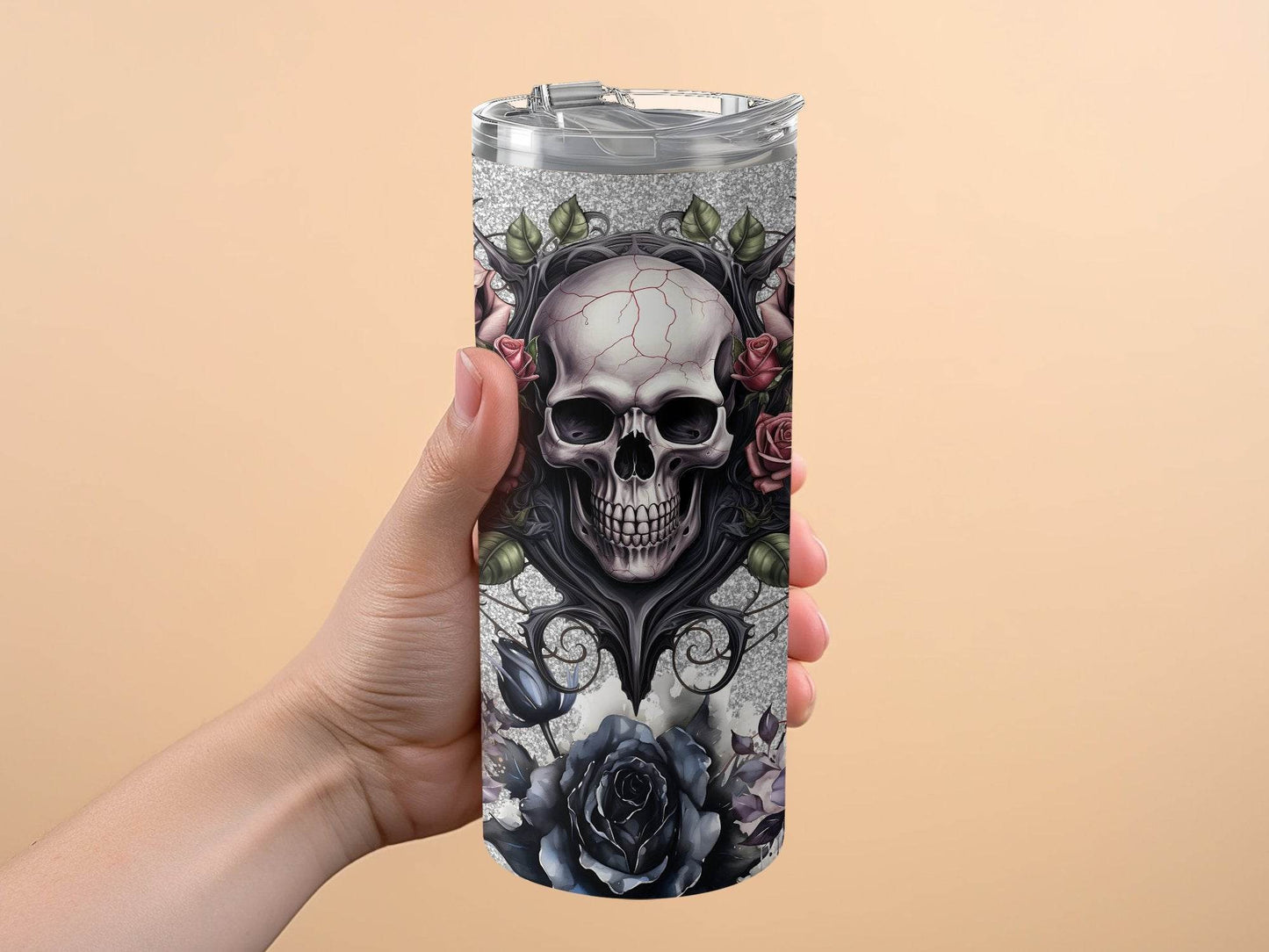 Skull Roses Floral Design on Silver Background Tumbler - Design & Vybe