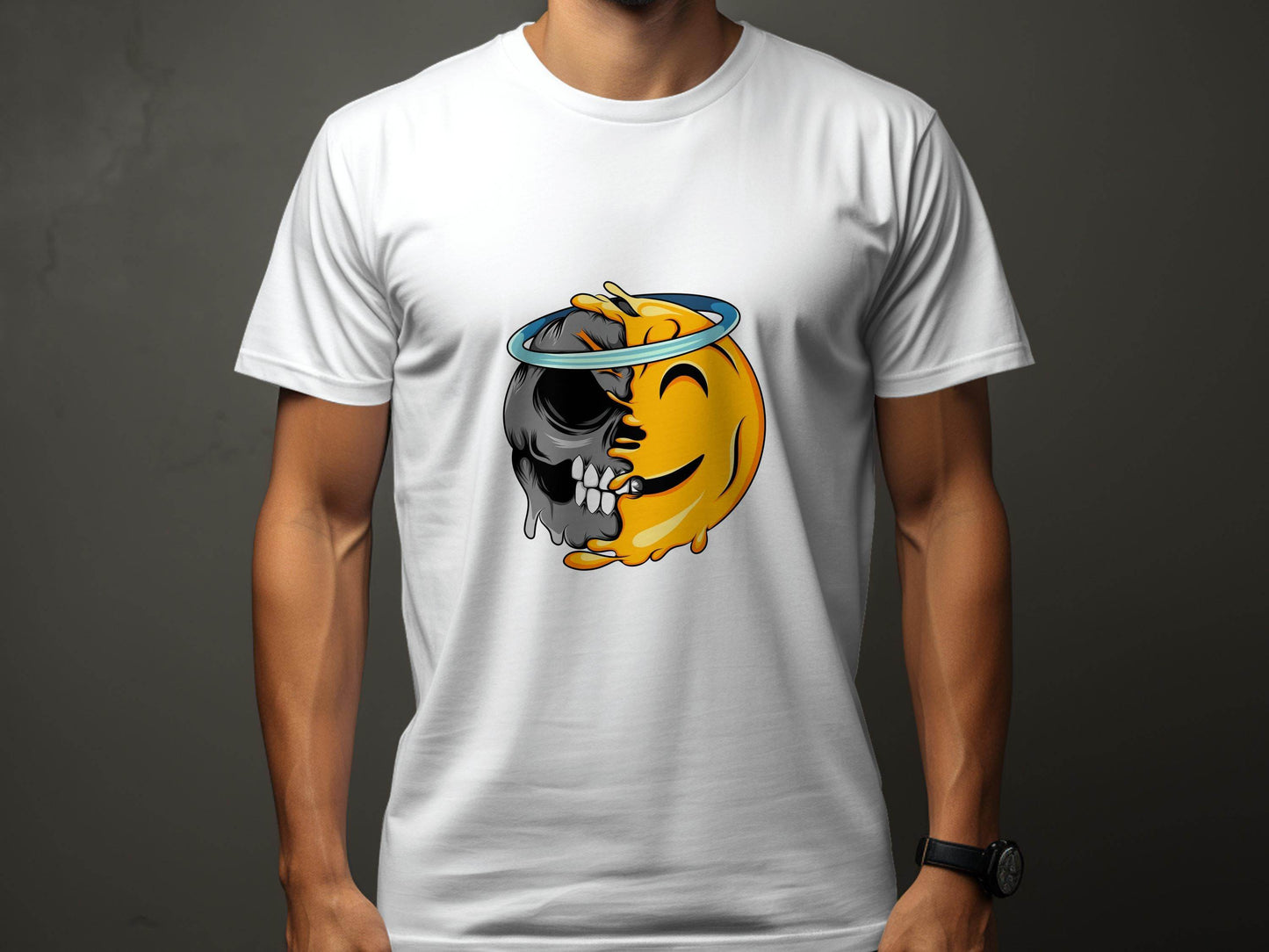 Skull Meets Emoji with a Halo Graphic Novelty T-Shirt - Design & Vybe