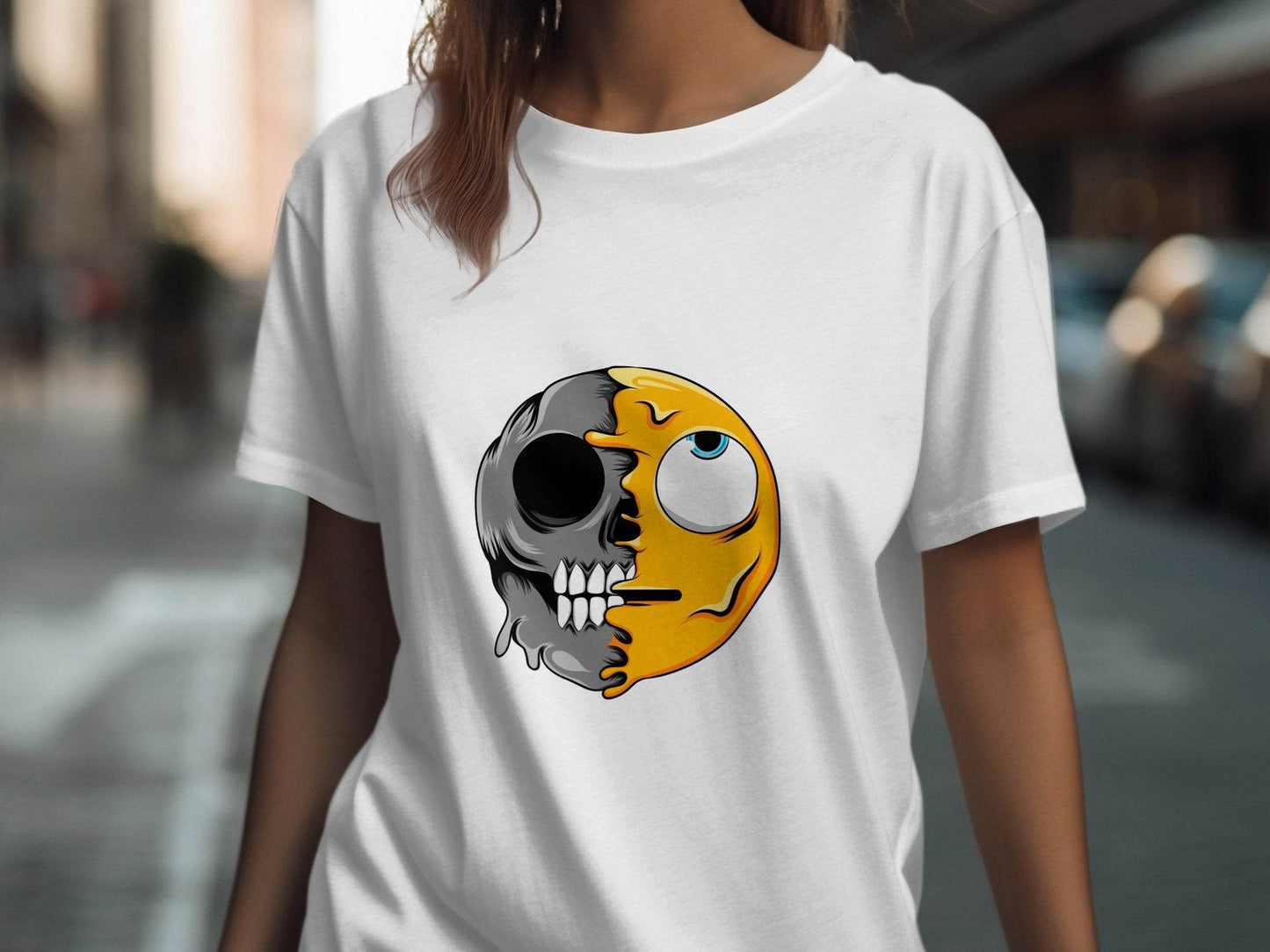 Half Skull Half Emoji Artistic Pattern Novelty T-Shirt - Design & Vybe