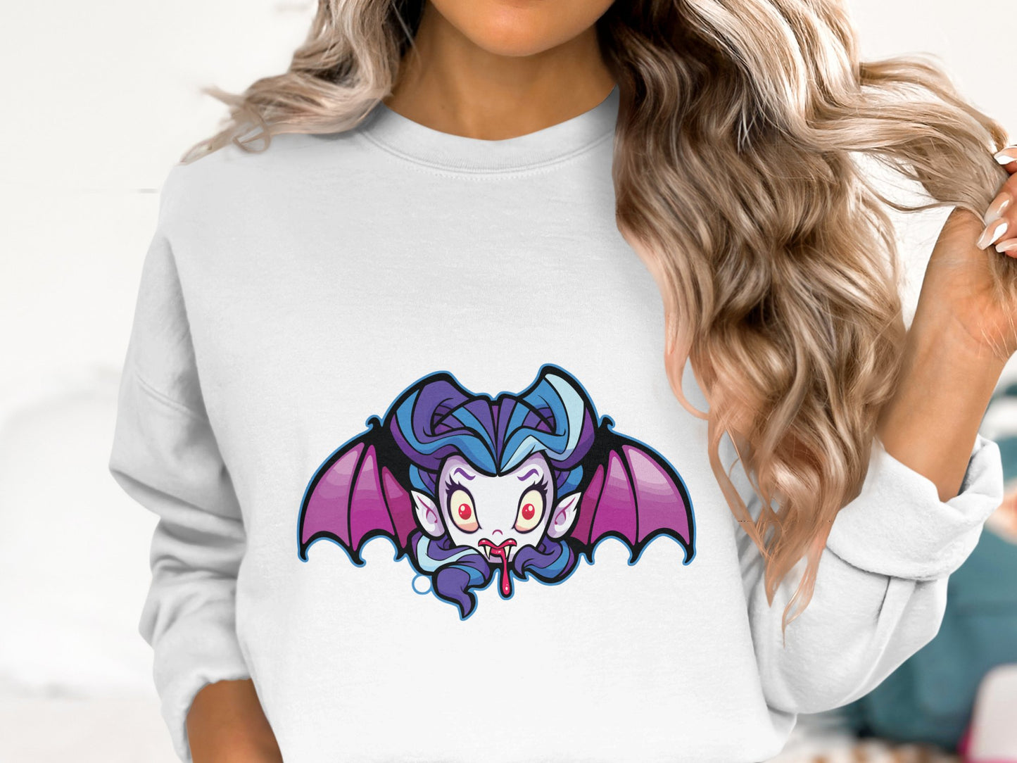 Stylish Vampire Bat Graphic White Sweatshirt product