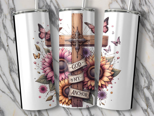 God Is My Anchor Cross with Flowers and Butterflies Tumbler - Design & Vybe