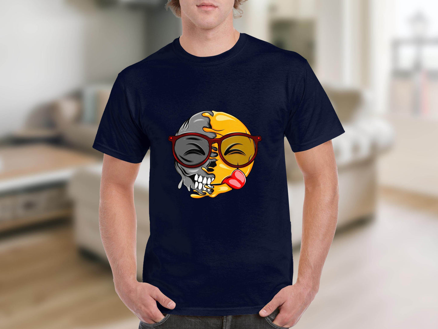 Creative Split Face Design with Bold Red Sunglasses Smiley T-Shirt - Design & Vybe