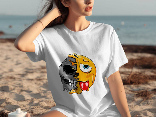 Edgy Skull and Funny Face Duality Creative Smiley T-Shirt - Design & Vybe