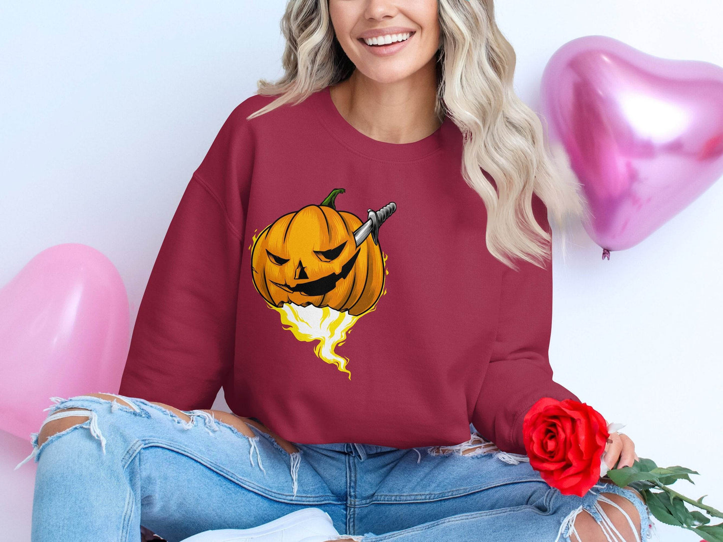 Halloween Pumpkin With Knife Illustration Design Sweater - Design & Vybe