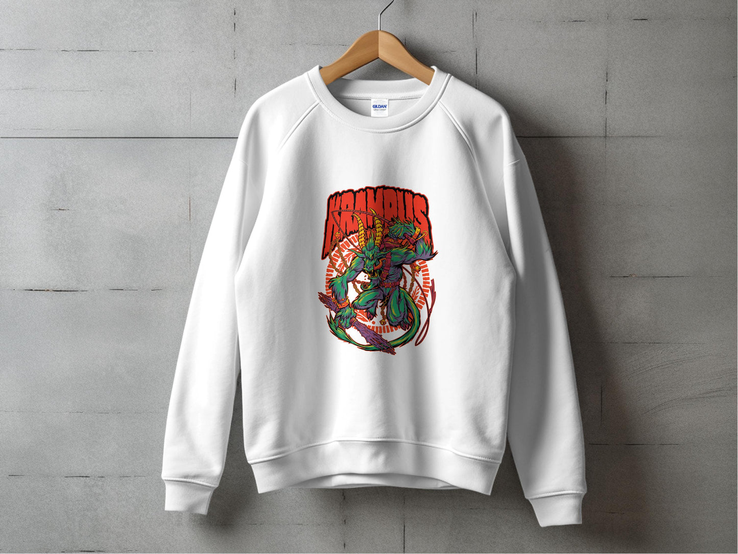 Krampus Graphic White Sweatshirt Holiday Apparel Product