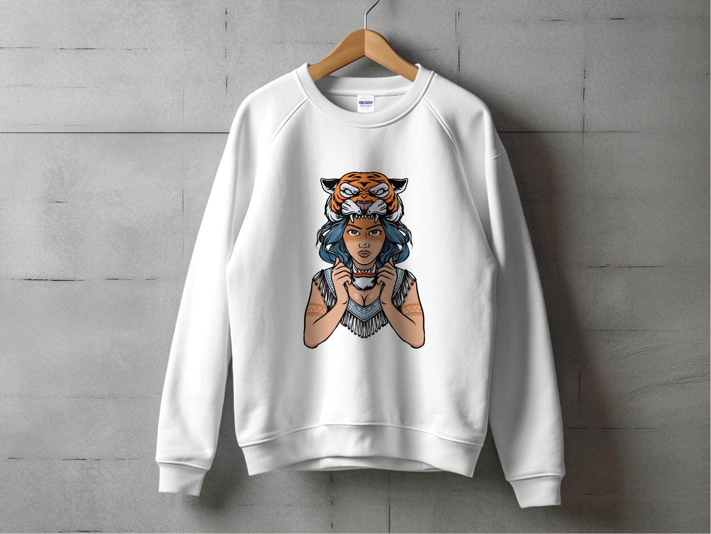 Fierce Tiger Spirit Headdress Young Woman Design Sweater - Design & Vybe