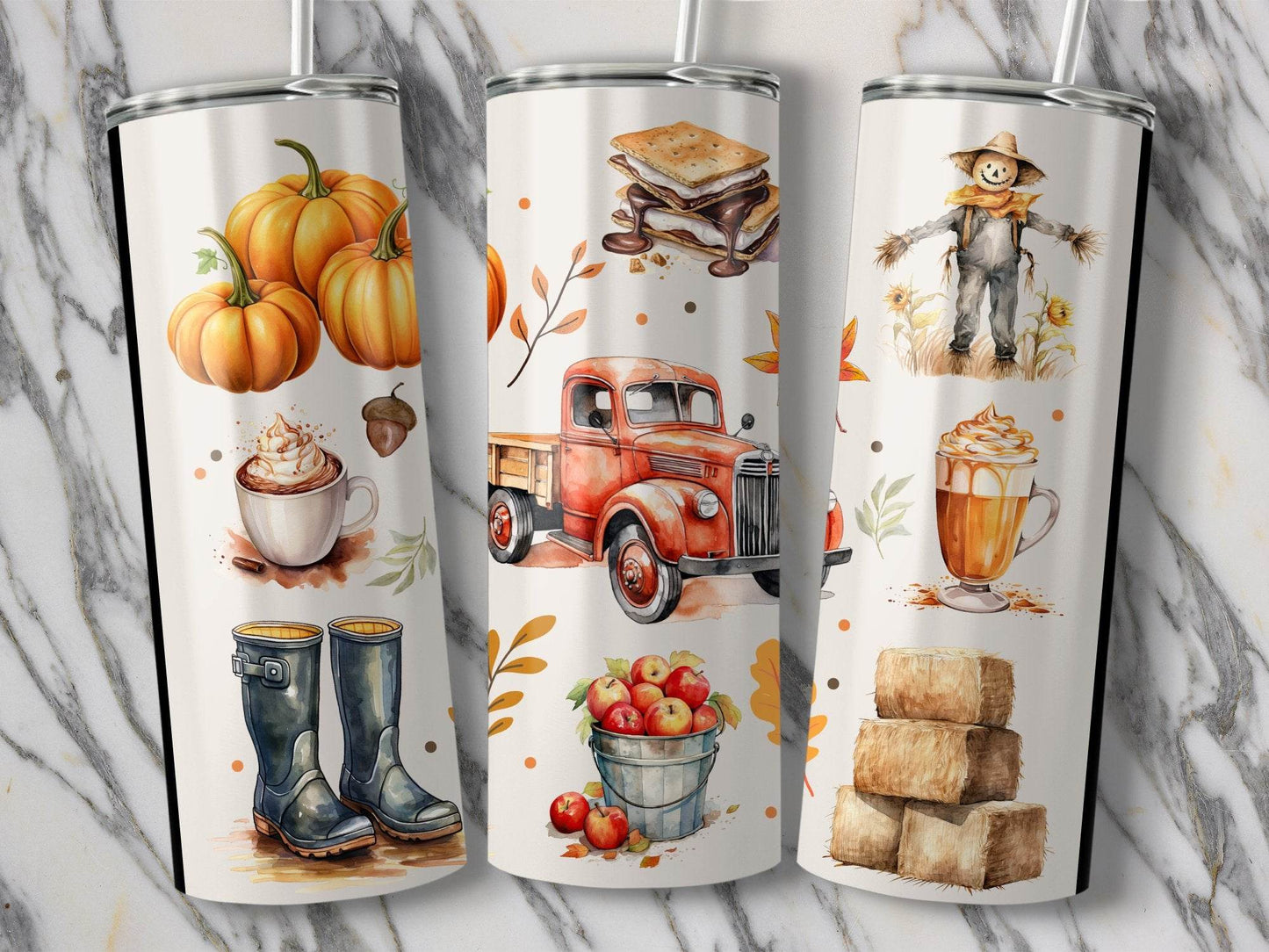 Farm Theme Autumn Harvest Truck Pumpkins Smores Fall Boots Design Tumbler - Design & Vybe