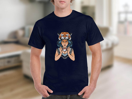 Fierce Tiger Spirit Headdress Young Woman Design T-Shirt - Design & Vybe