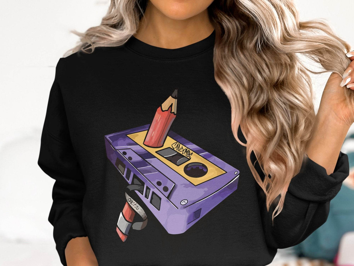 Cool Retro Pencil and Cassette Design Graphic Sweater - Design & Vybe