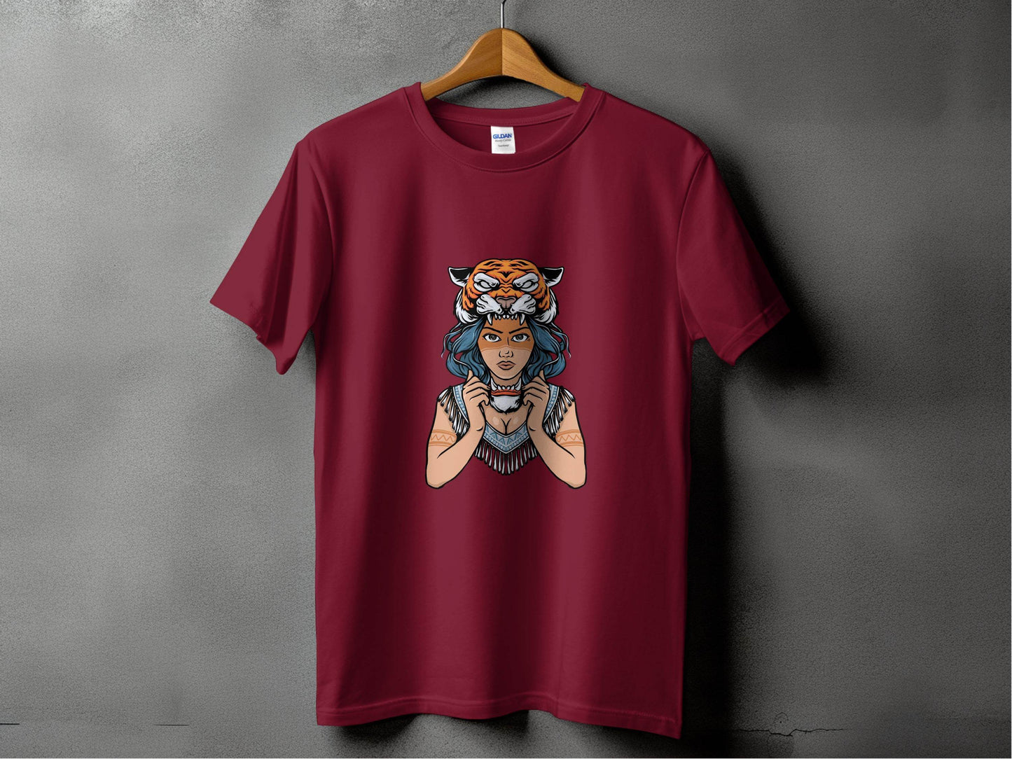 Fierce Tiger Spirit Headdress Young Woman Design T-Shirt - Design & Vybe