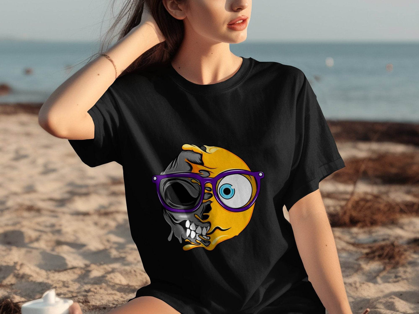 Artistic Skull and Sun Design With Glasses Smiley T-Shirt - Design & Vybe