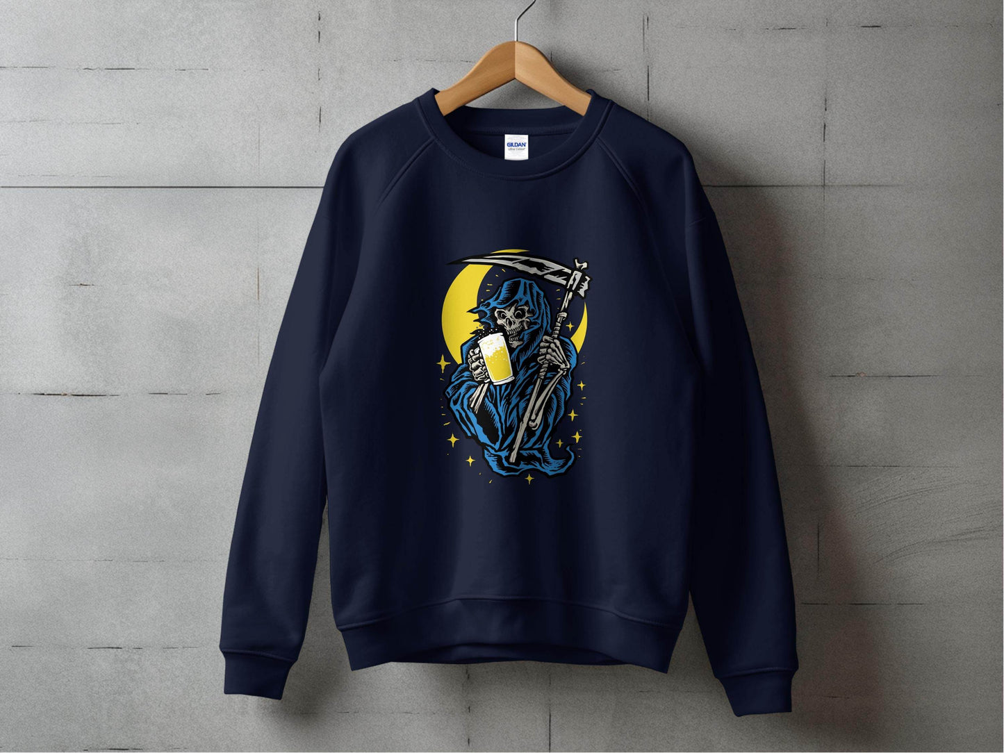 Grim Reaper Holding Beer Glass With Crescent Moon Sweater - Design & Vybe