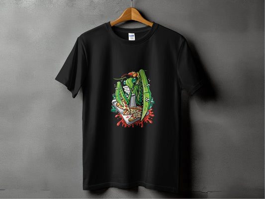 Praying Mantis Enjoying Pizza With Some Drinks T-Shirt - Design & Vybe