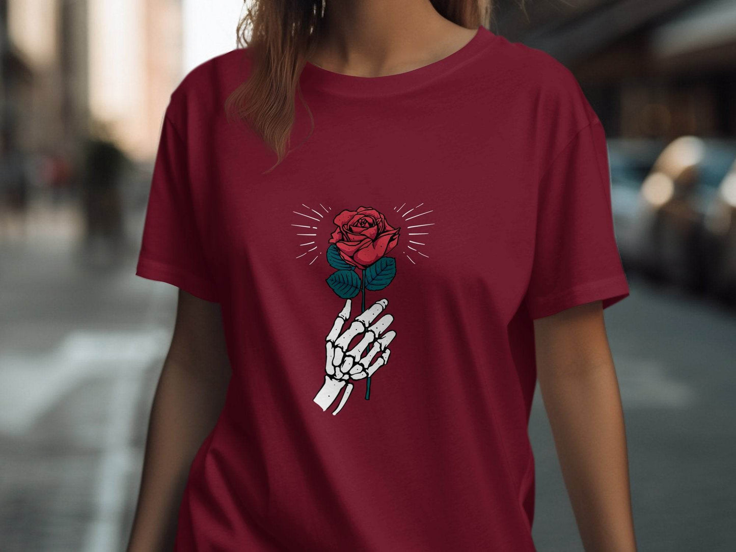 Skeletal Hand Holding Red Rose Floral Design T-Shirt - Design & Vybe