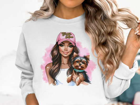 Yorkie Mom Hat with Adorable Dog Illustration Sweater - Design & Vybe