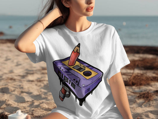 Cool Retro Pencil and Cassette Design Graphic T-Shirt - Design & Vybe
