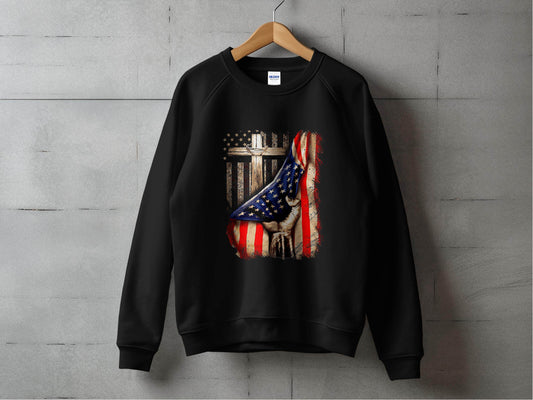 American Flag Plus Cross Held in Hand Design Sweater - Design & Vybe