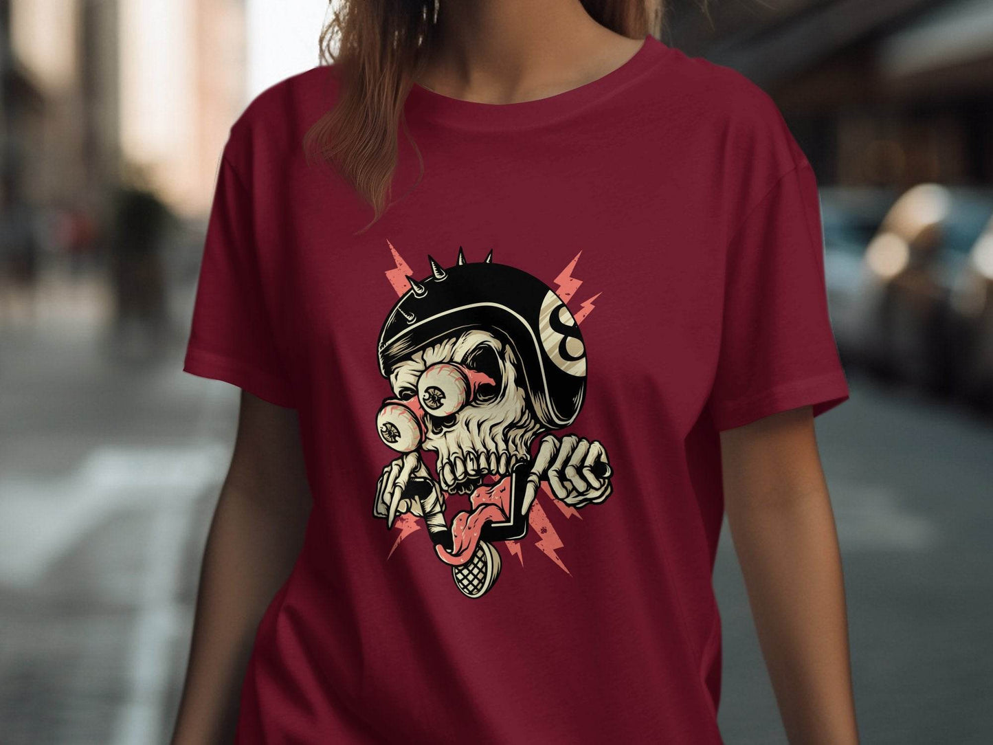 Eight Ball Spiked Helmet Skeleton Ride On T-Shirt - Design & Vybe