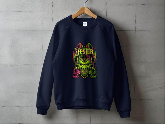 Wicked Jester Graphic Green Purple Gold Artwork Sweater - Design & Vybe