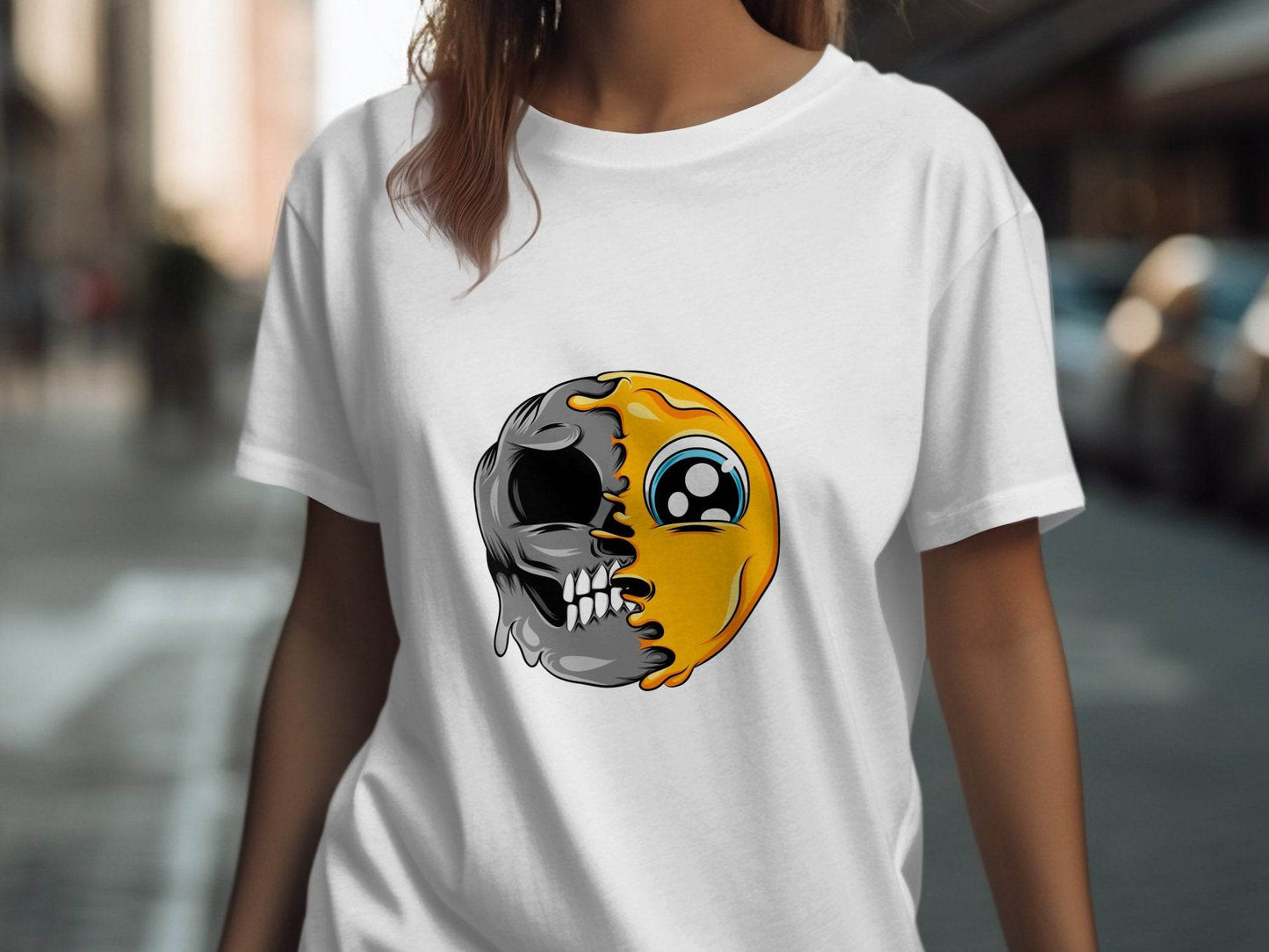 Emoji Meets Skull Fusion Unique Graphic Print T-Shirt - Design & Vybe