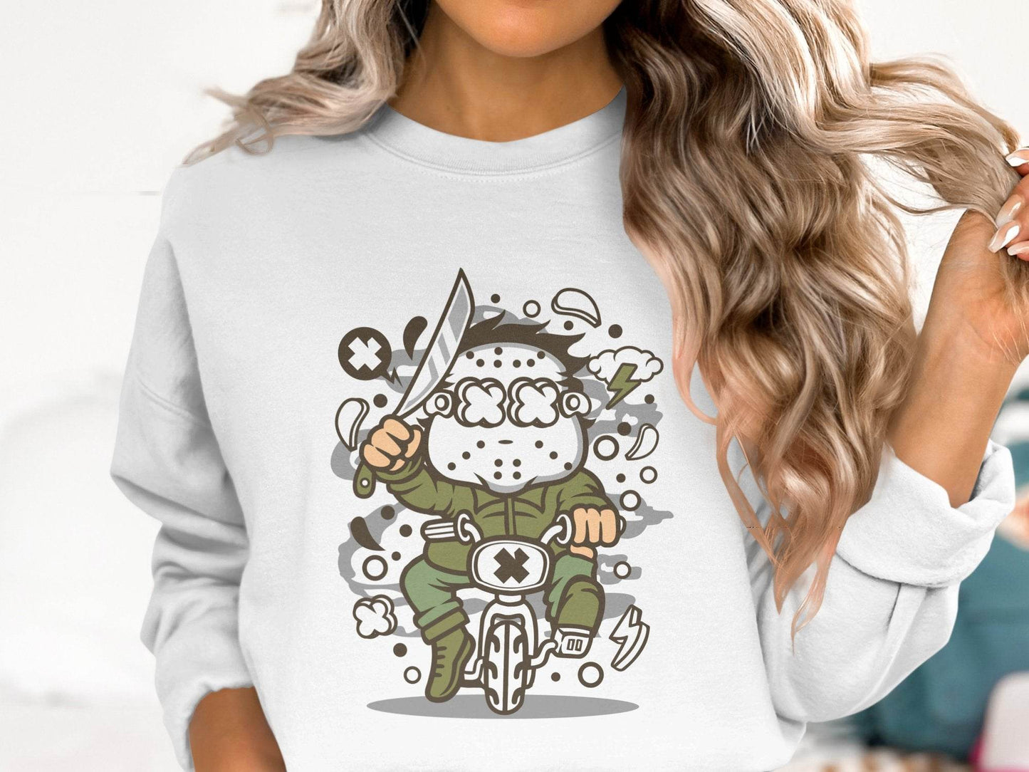 Cartoon Character on Tricycle Illustration Graphic Sweater - Design & Vybe