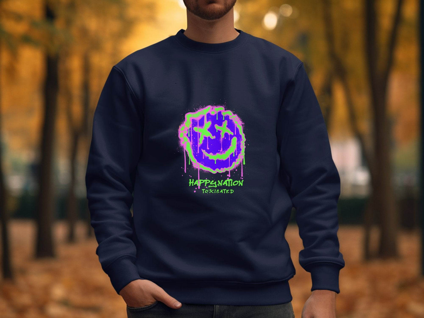 Happy Nation Toxiclated Smiley Face Graphic Design Sweater - Design & Vybe