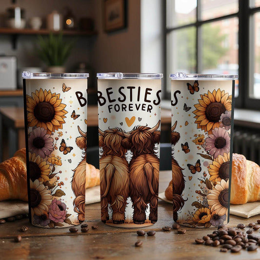 Besties Forever Highland Cows And Flowers Design Tumbler - Design & Vybe
