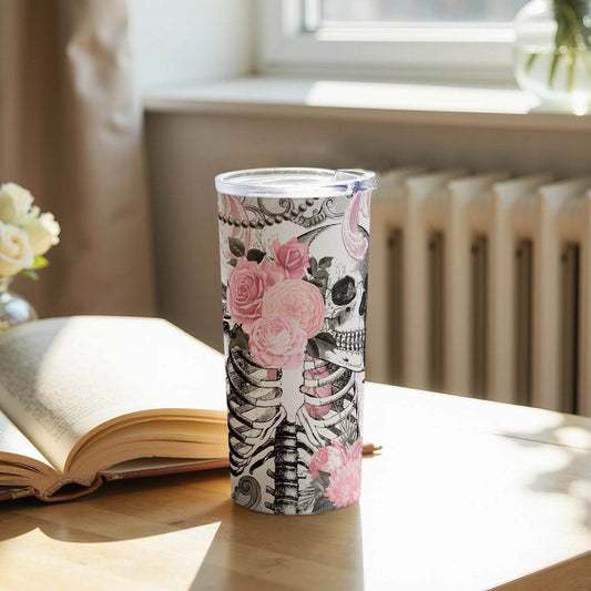 Gothic Roses Skull Spiderwebs Art In Pink And Black Tumbler - Design & Vybe