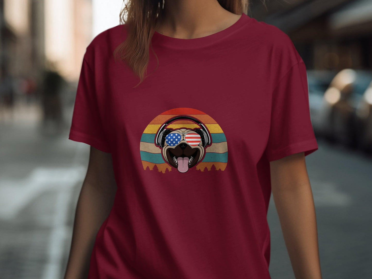 Retro Dog with American Flag on Red T-Shirt product