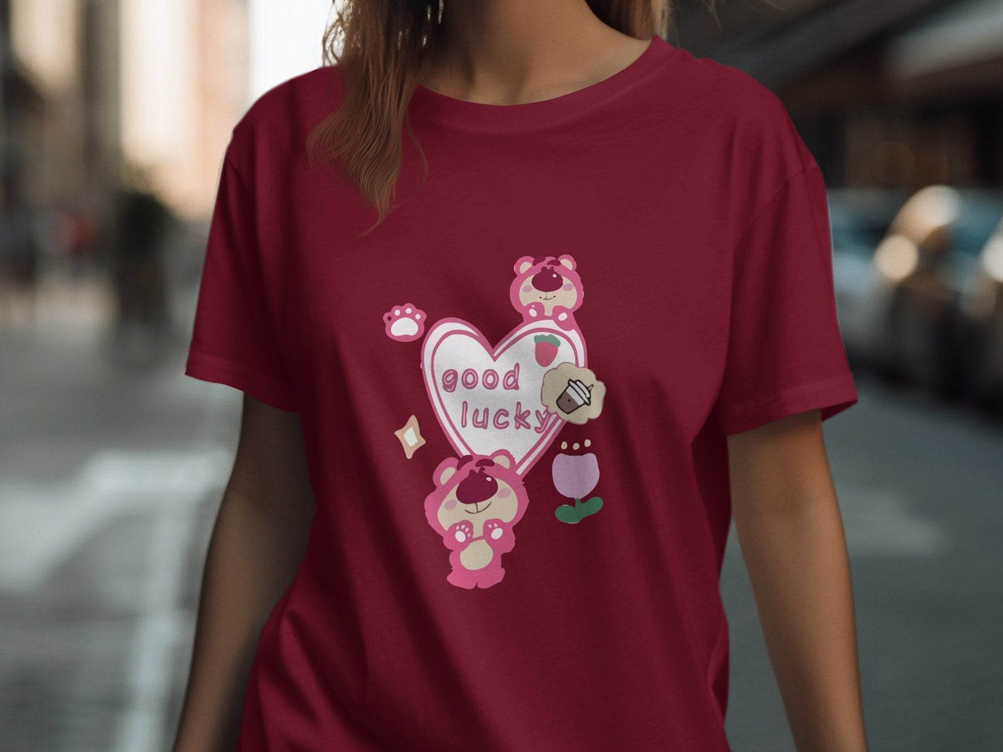Cute Pink Bear With Good Lucky Heart Design T-Shirt - Design & Vybe