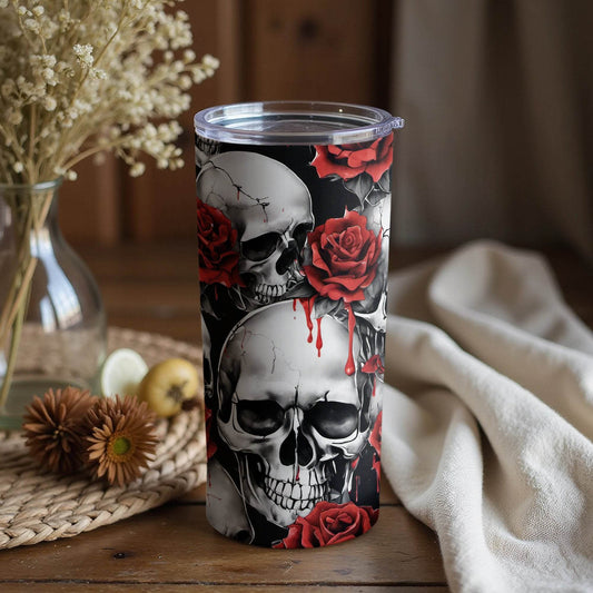 Skull and Roses Pattern In Black And White Style Tumbler - Design & Vybe
