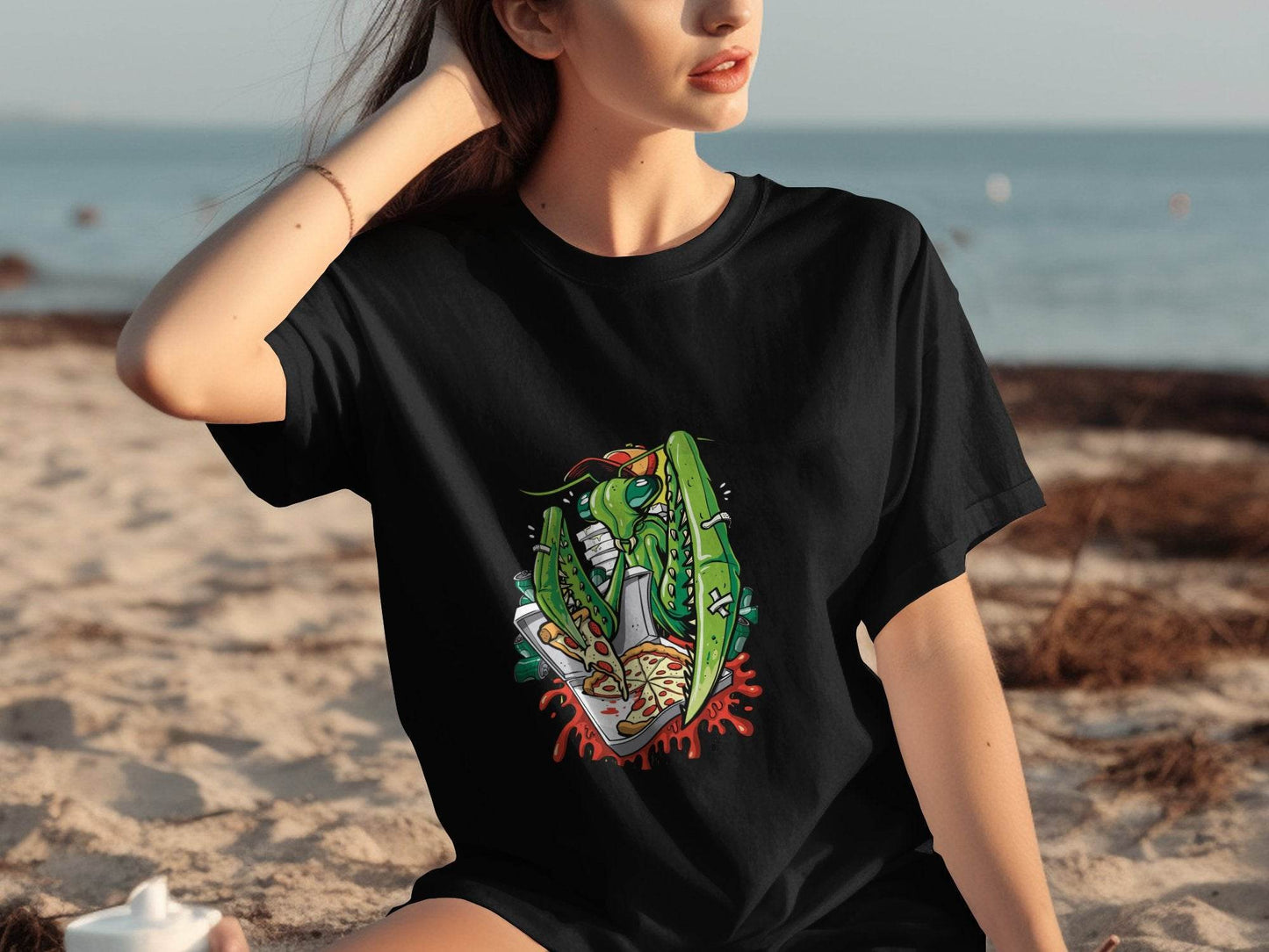 Praying Mantis Enjoying Pizza With Some Drinks T-Shirt - Design & Vybe