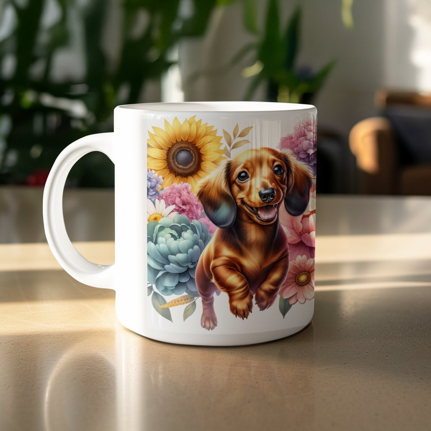 Playful Dachshund Surrounded by Flowers Mug product type