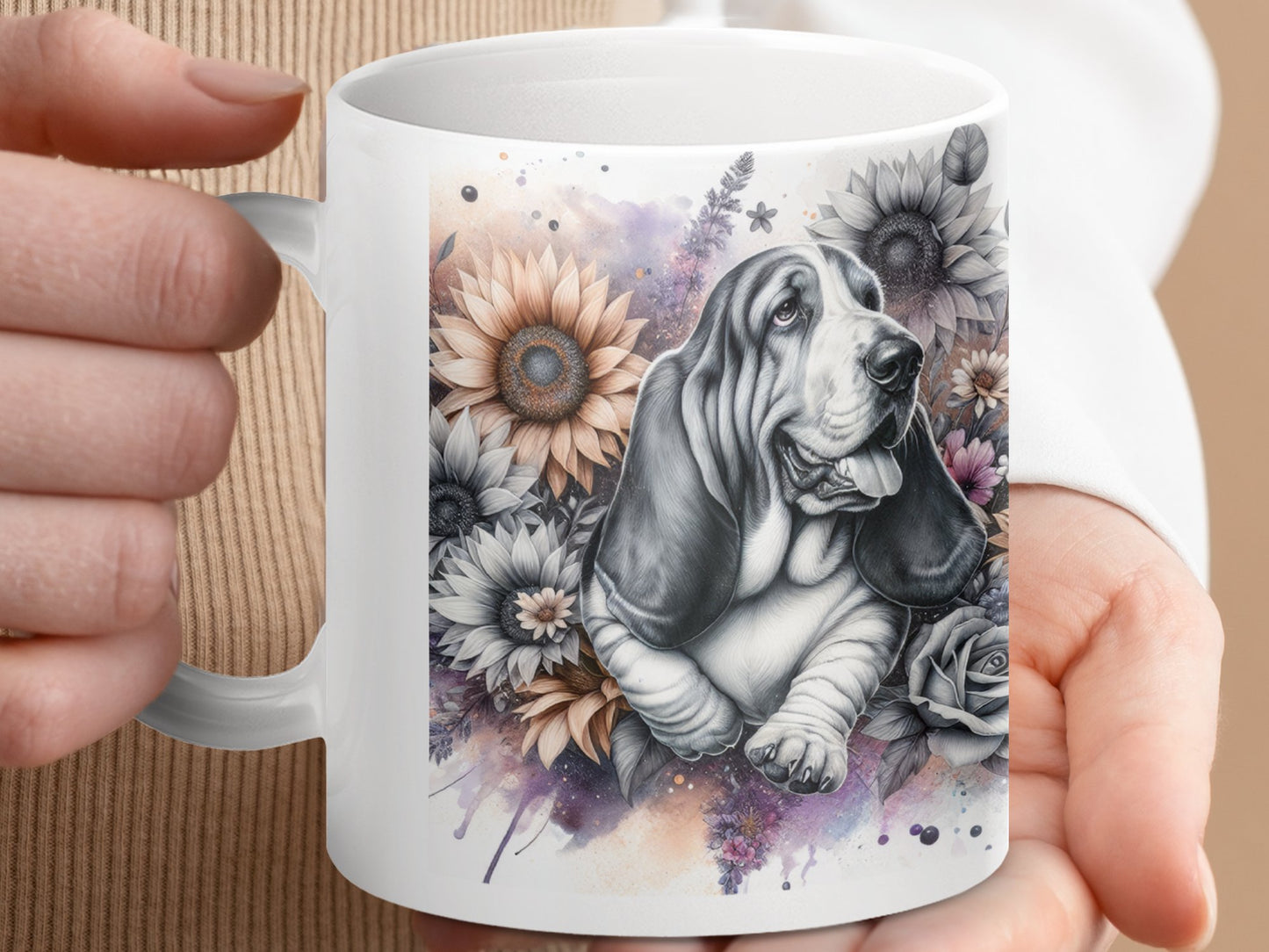 Floral Basset Hound Design on an Elegant Mug product