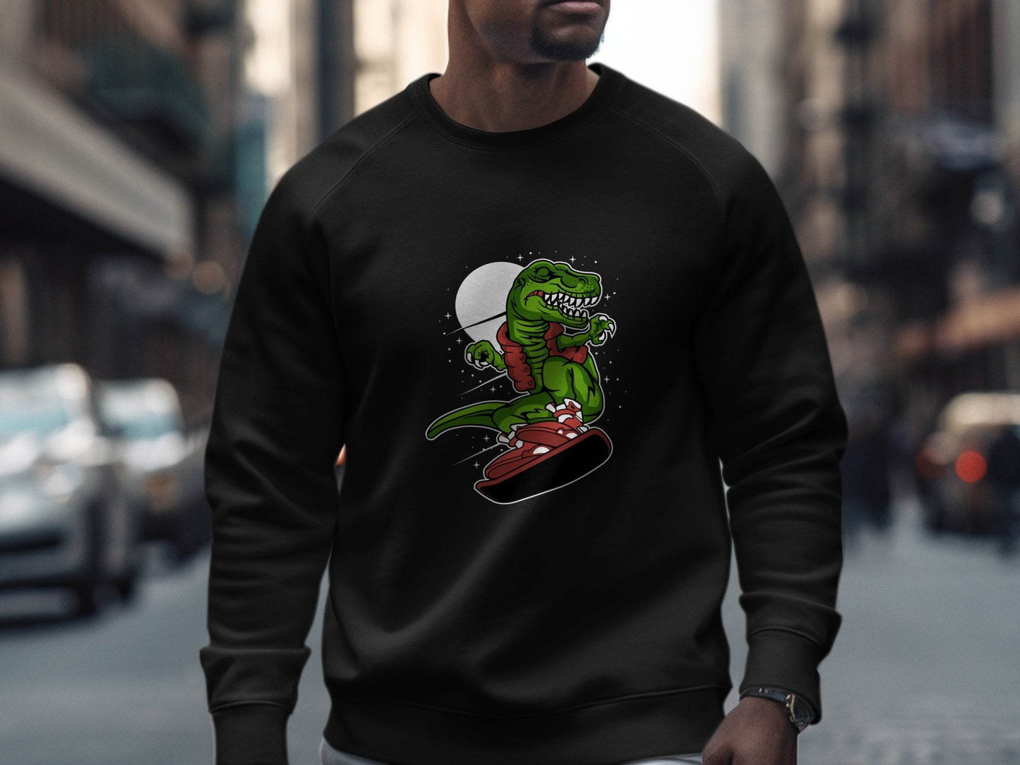Dinosaur On a Snowboard Cartoon Graphic Style Sweater - Design & Vybe